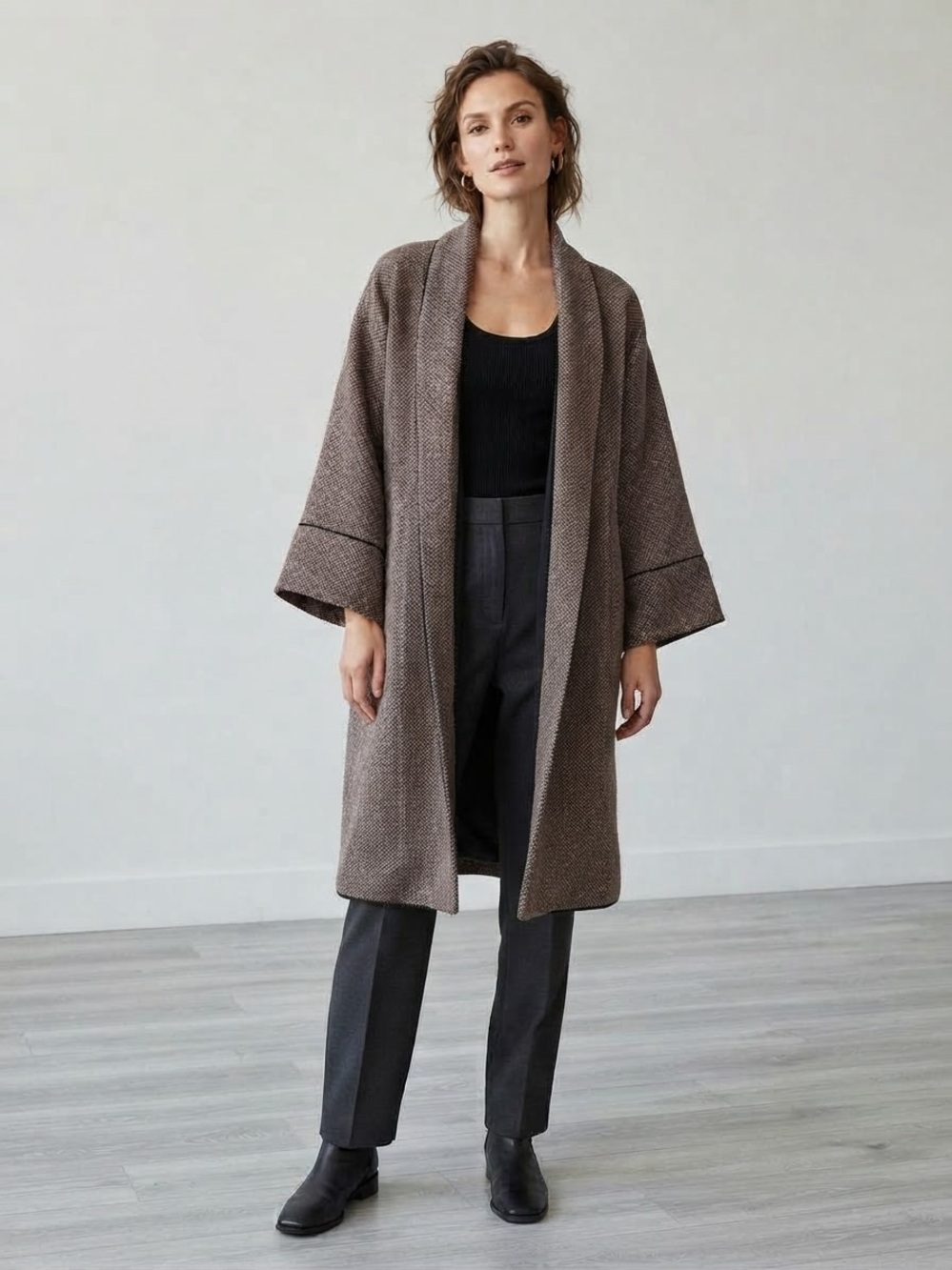 Newport News Vintage Brown Tweed Open Front Kimono Cardigan Jacket M Oversized